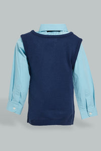 Redtag-Navy-Pull-Over-With-Shirt-And-Bow-Casual-Set-Sets-Infant-Boys-3 to 24 Months