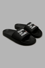 Load image into Gallery viewer, Redtag-Black-Slogan-Strap-Slide-Sliders-Men&#39;s-
