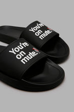 Load image into Gallery viewer, Redtag-Black-Slogan-Strap-Slide-Sliders-Men&#39;s-
