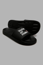 Load image into Gallery viewer, Redtag-Black-Slogan-Strap-Slide-Sliders-Men&#39;s-
