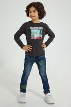 Load image into Gallery viewer, Redtag-Dark-Wash-Dino-Embroidery-5-Pkt-Jean-Jeans-Pull-On-Boys-2 to 8 Years
