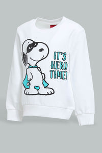 Redtag-White-Chest-Print-Snoopy-Sweatshirts-Sweatshirts-Infant-Boys-3 to 24 Months