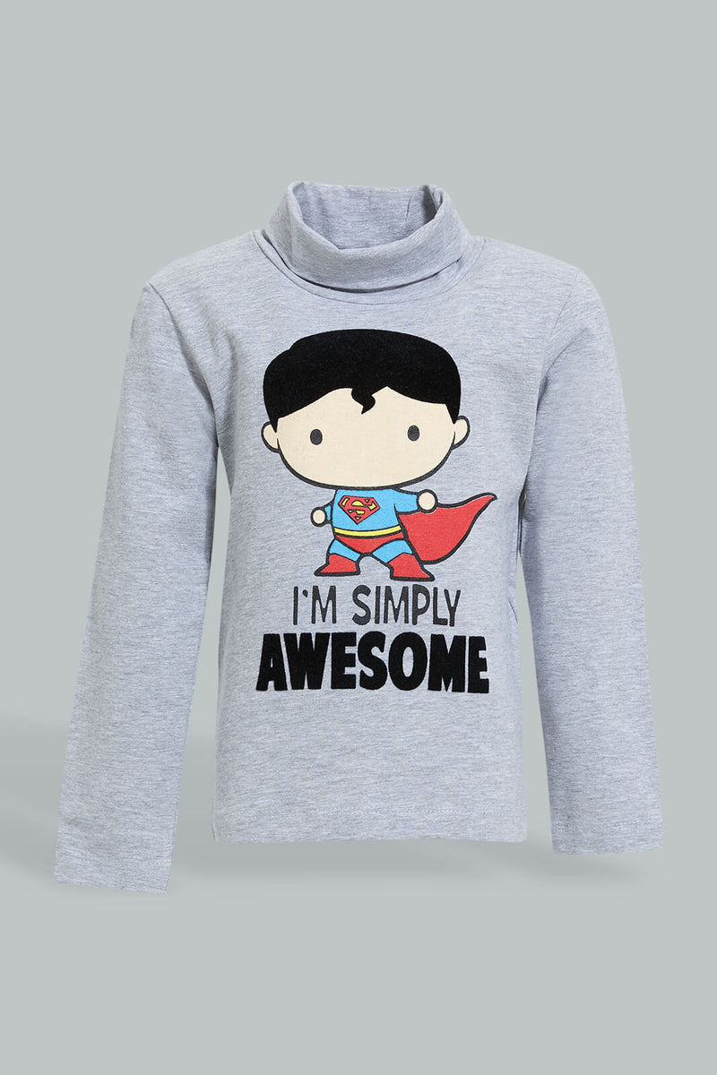 Redtag-Grey-Superman-High-Neck-Tshirt-Long-Sleeves-Infant-Boys-3 to 24 Months