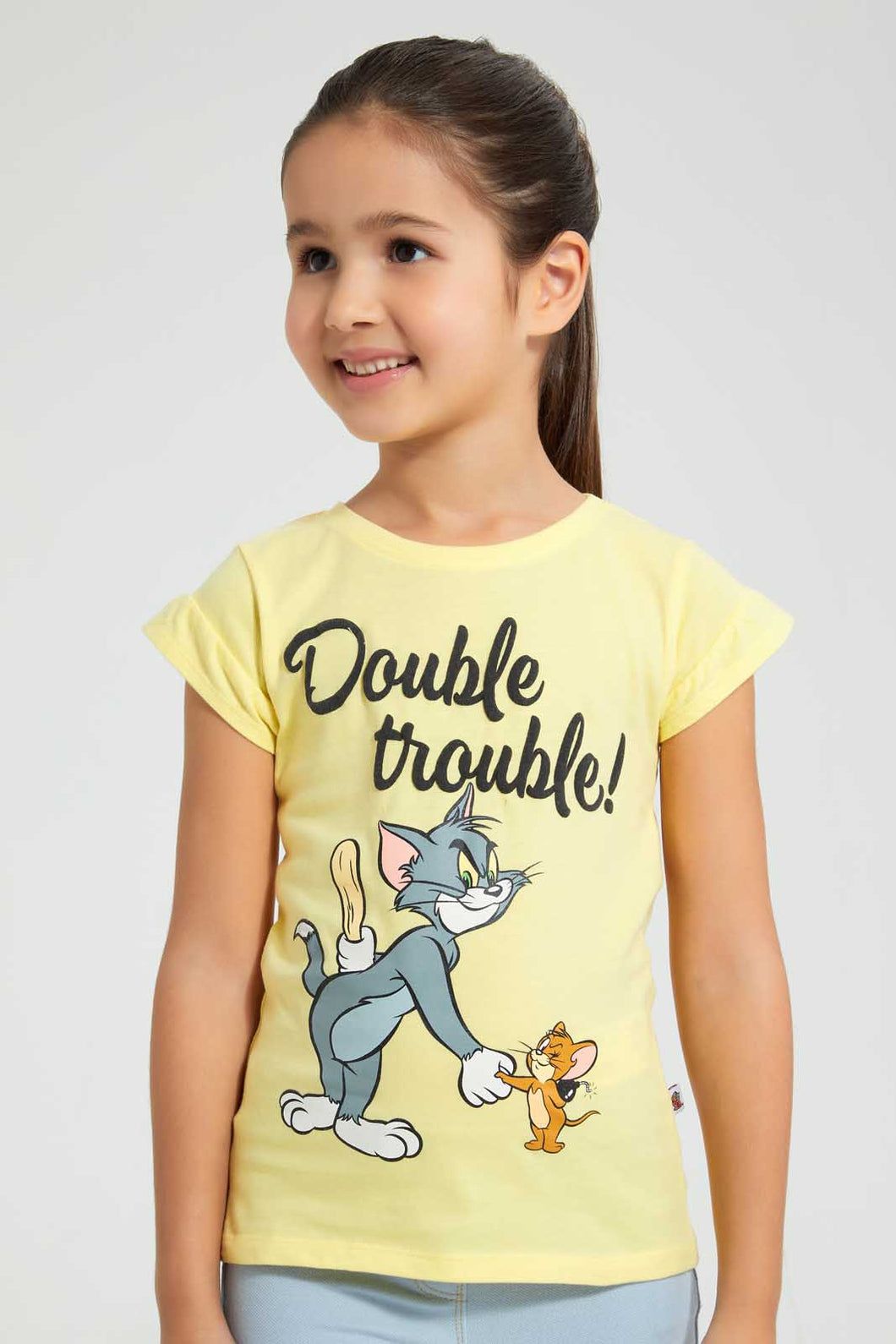 Redtag-Yellow-Tom-&-Jerry-Print-Tee-Blouses-Girls-2 to 8 Years