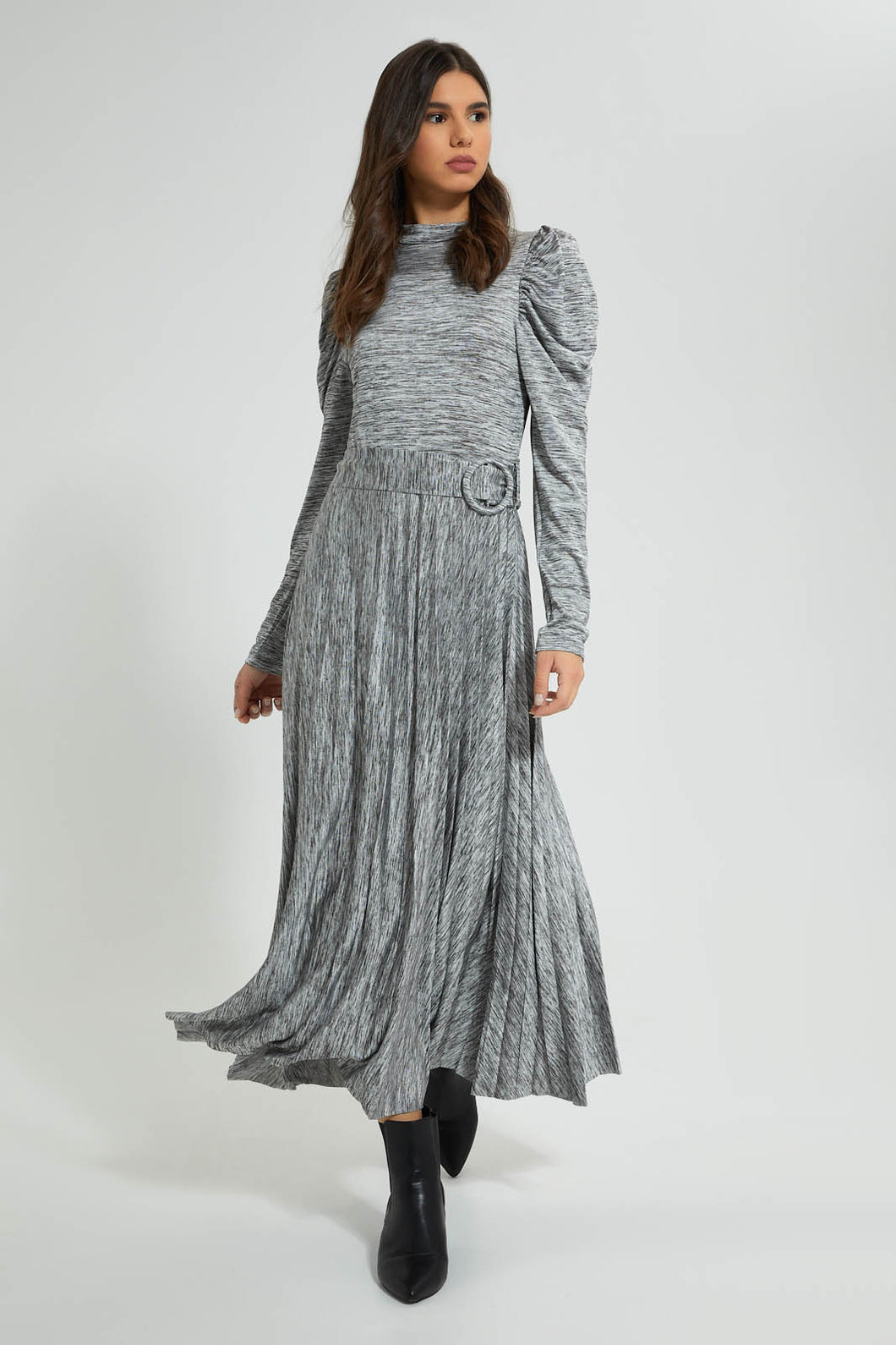 Redtag-Grey-Belted-Pleated-Skirt-Midi-Dress-Dresses-Women's-