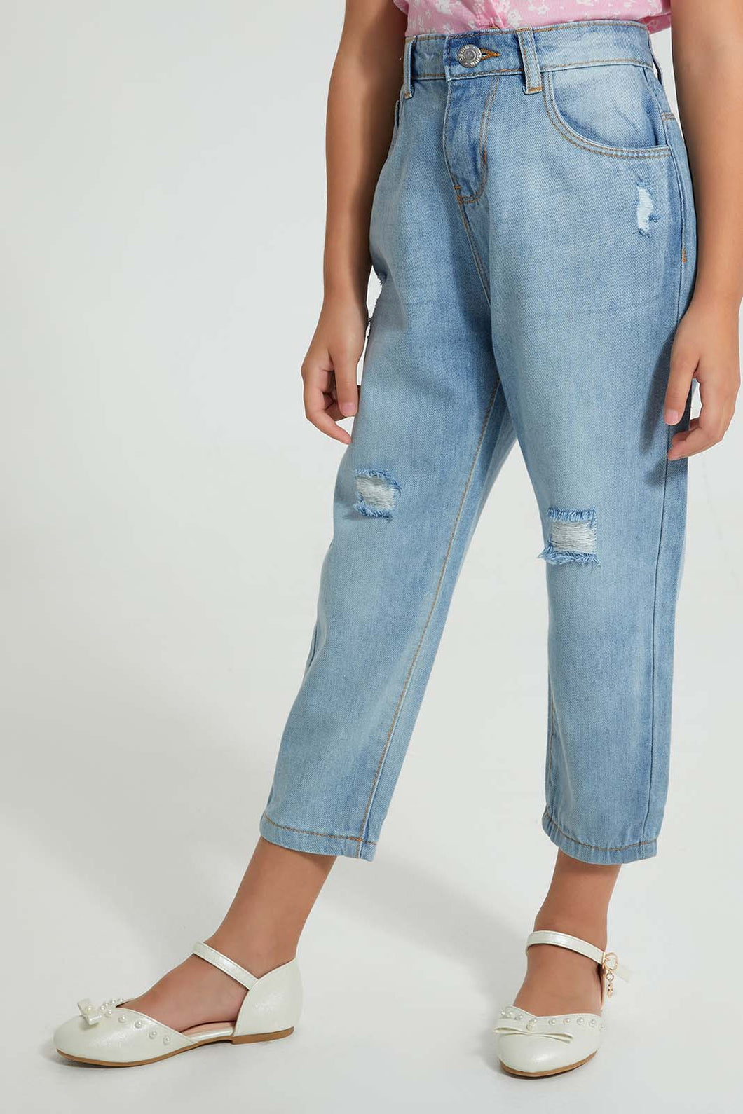 Redtag-Light-Wash-Distressed-Jean-Jeans-Baggy-Fit-Girls-2 to 8 Years