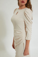 تنزيل الصورة على معرض الصور، Redtag-Beige-Puff-Sleeve-Bodycon-Dress-Dresses-Women&#39;s-
