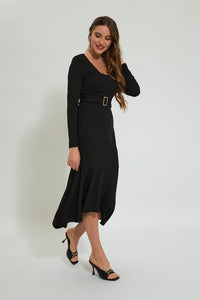 Redtag-Black-Longsleeve-Gathered-Bottom-Hem-Dress-Dresses-Women's-