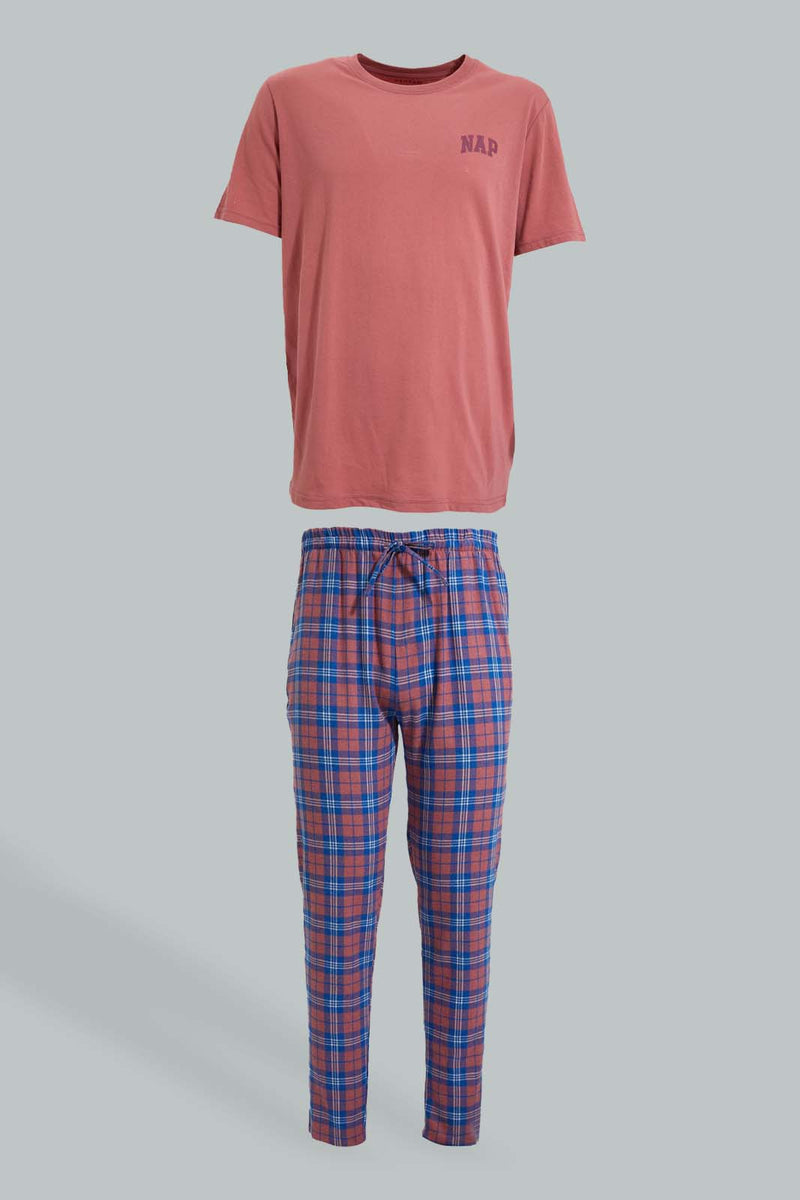 Redtag-Red-T-Shirt-With-Flannel-Pyjama-Set-Colour:Red,-Filter:Men's-Clothing,-Men-Pyjama-Sets,-New-In,-New-In-Men,-Non-Sale,-Section:Men,-W21B-Men's-