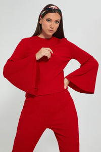 Redtag-Red-Ribbed-Top-With-Flared-Sleeves-Celebrity-Tops,-Colour:Red,-Filter:Women's-Clothing,-New-In,-New-In-LDC,-Non-Sale,-S22A,-Section:Women,-TBL-Women's-