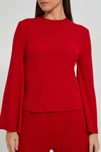 Redtag-Red-Ribbed-Top-With-Flared-Sleeves-Celebrity-Tops,-Colour:Red,-Filter:Women's-Clothing,-New-In,-New-In-LDC,-Non-Sale,-S22A,-Section:Women,-TBL-Women's-