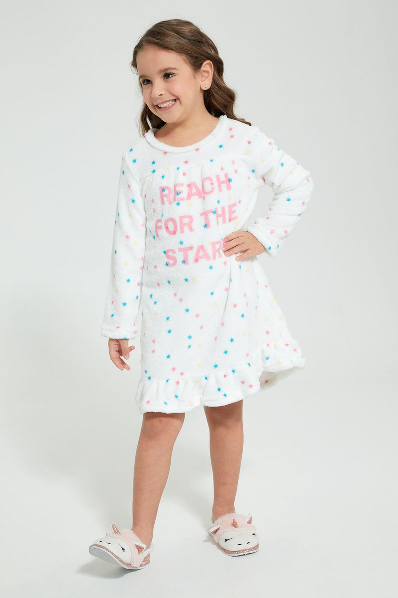 Redtag-White-Flannel-Fleece-Printed-Nightshirt-Nightshirts-Girls-2 to 8 Years