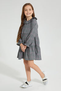 Redtag-Assorted-Check-Tiered-Dress-With-Collar-Dresses-Girls-2 to 8 Years