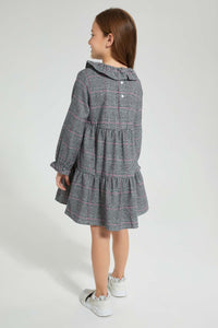Redtag-Assorted-Check-Tiered-Dress-With-Collar-Dresses-Girls-2 to 8 Years