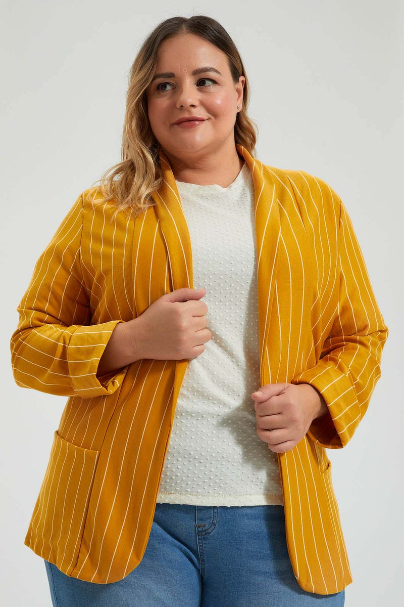 Redtag-Striped-Jacket-Colour:Mustard,-Deals:20%OFF,-Filter:Plus-Size,-LDP-Jackets,-New-In,-New-In-LDP,-Non-Sale,-Section:Women,-W21B-Women's-