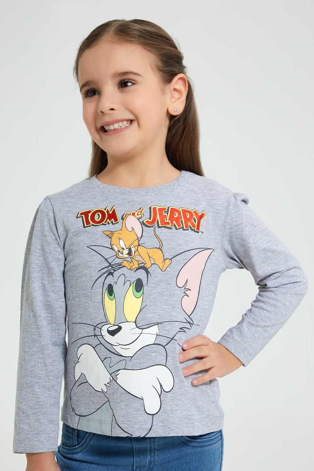 Redtag-Grey-Tom-&-Jerry-Print-T-Shirt-Character-Girls-2 to 8 Years