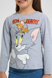 Redtag-Grey-Tom-&-Jerry-Print-T-Shirt-Character-Girls-2 to 8 Years