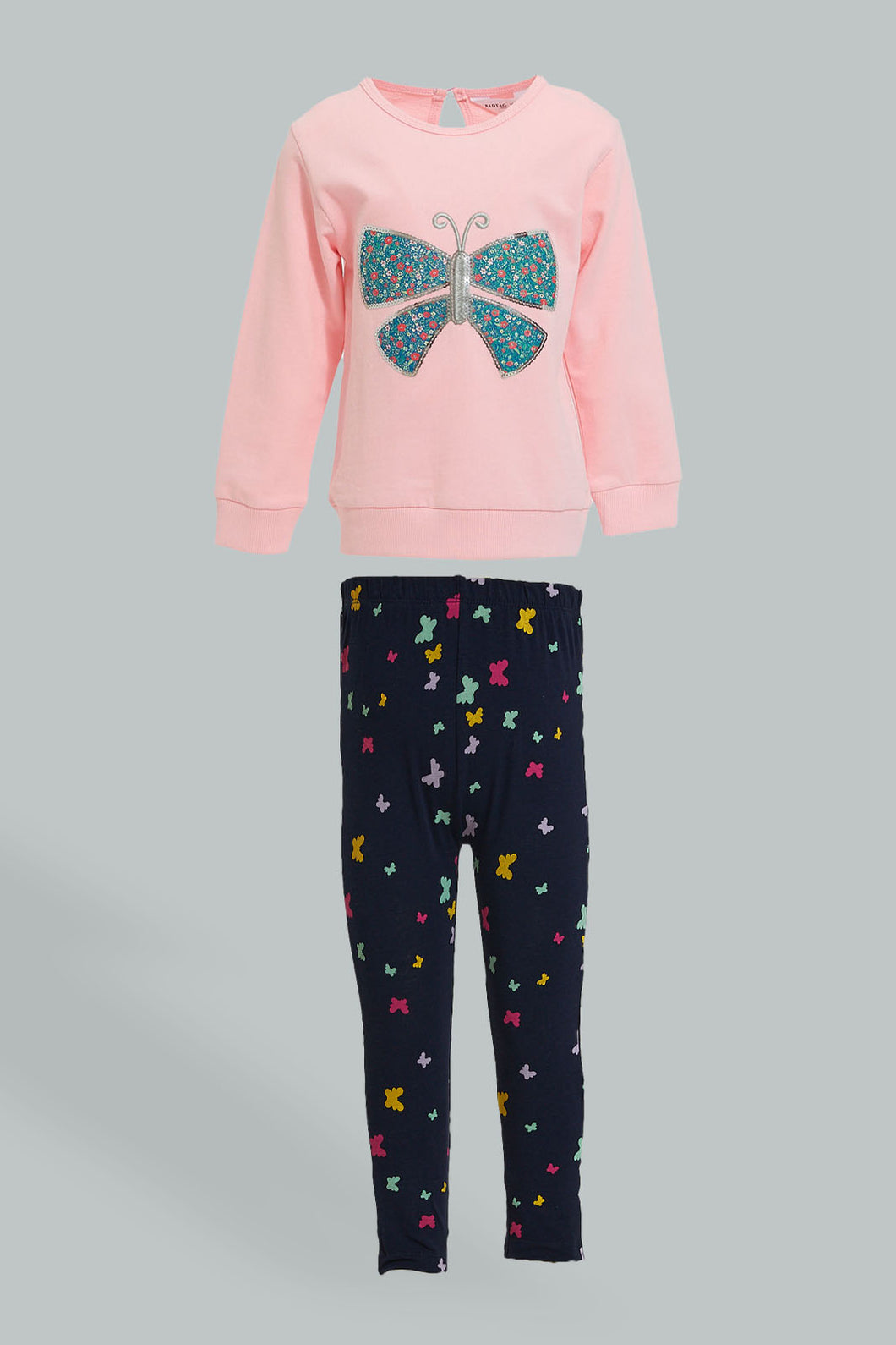 Redtag-Pink-Butterfly-Sweatshirt-With-Navy-Printed-Bottom-Jog-Sets-Infant-Girls-3 to 24 Months