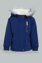 Load image into Gallery viewer, Redtag-Navy-Sherpa-Hooded-Jacket-With-Flap-Pocket-Details-Jackets-Infant-Girls-3 to 24 Months
