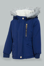Load image into Gallery viewer, Redtag-Navy-Sherpa-Hooded-Jacket-With-Flap-Pocket-Details-Jackets-Infant-Girls-3 to 24 Months

