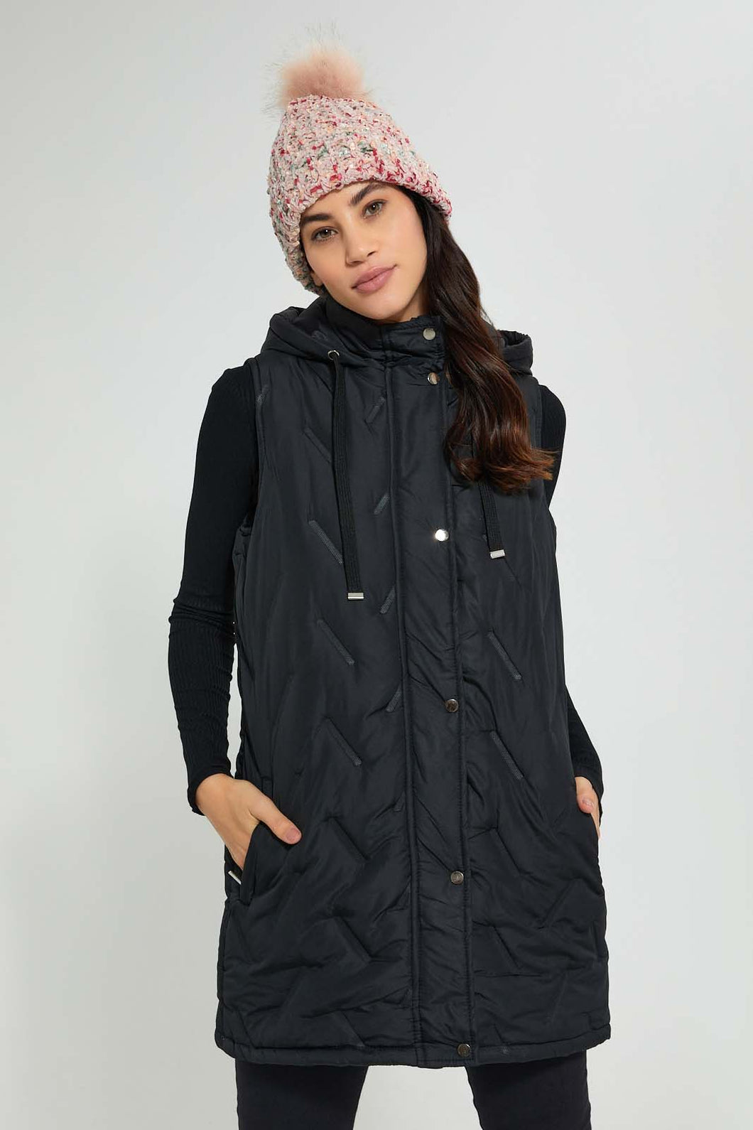 Redtag-Black-Sleeveless-Padded-Jacket-With-Hoodie-Jackets-Women's-