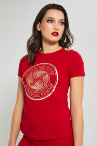 Redtag-Red-T-Shirt-With-Artwork-Graphic-Prints-Women's-0