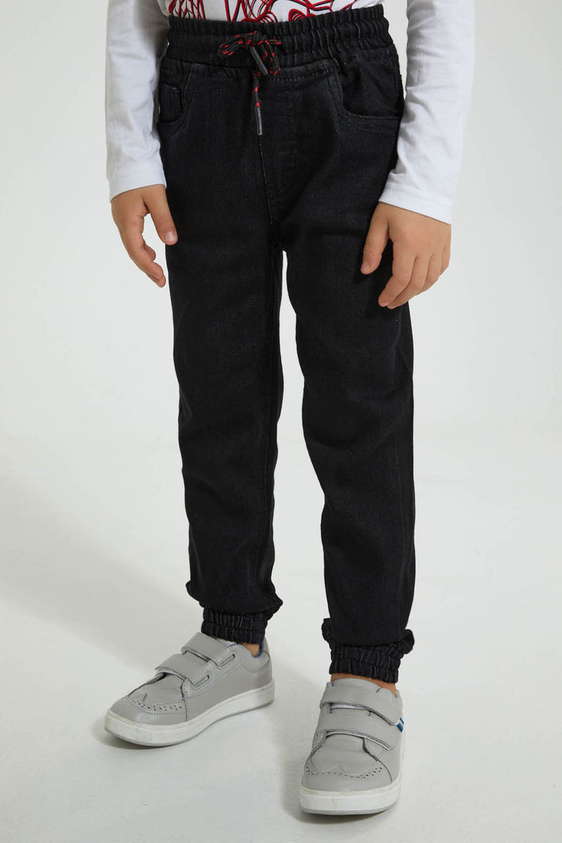 Redtag-Black-Elasticated-Waist-Jogger-Jean-Jeans-Pull-On-Boys-2 to 8 Years