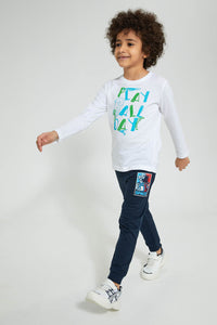 Redtag-Navy-Jogpant-With-Print-Joggers-Boys-2 to 8 Years