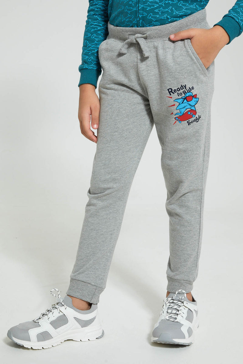 Redtag-Grey-Marl-Jogpant-With-Print-Joggers-Boys-2 to 8 Years