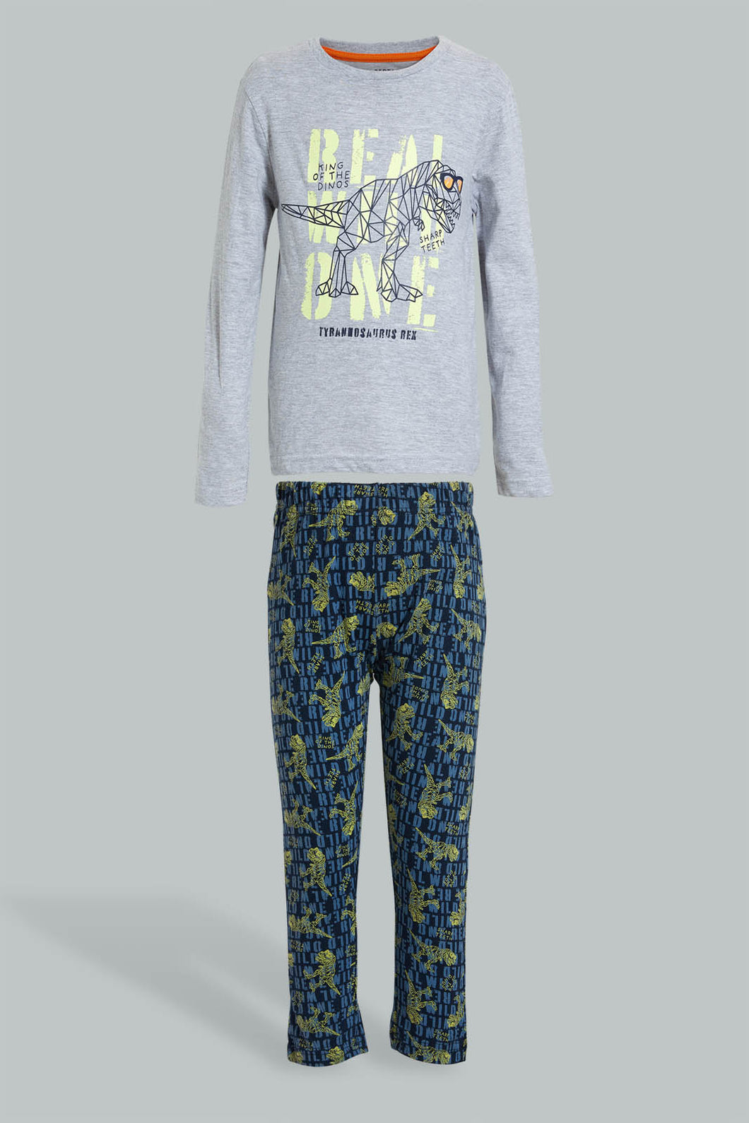 Redtag-Grey-Dinosaur-Long-Sleeve-T-Shirt-And-Long-Pant-Pyjamas-Pyjama-Sets-Boys-2 to 8 Years