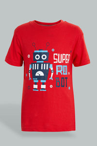 Redtag-Red-Robot-Print-Short-Sleeve-T-Shirt-And-Long-Pant-Pyjamas-Pyjama-Sets-Boys-2 to 8 Years