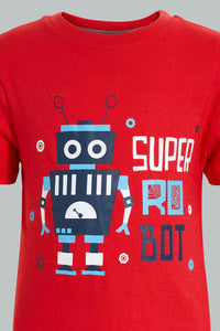 Redtag-Red-Robot-Print-Short-Sleeve-T-Shirt-And-Long-Pant-Pyjamas-Pyjama-Sets-Boys-2 to 8 Years