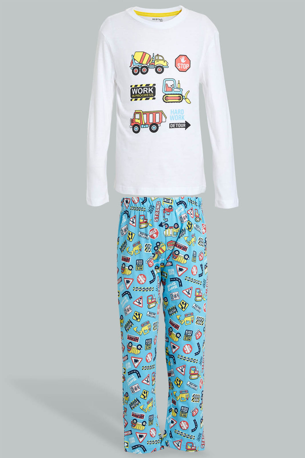 Redtag-White-Vehicle-Long-Sleeve-Print-T---Shirt-And-Long-Pant-Pyjamas-Pyjama-Sets-Boys-2 to 8 Years