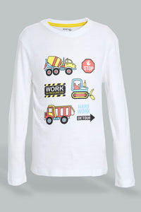 Redtag-White-Vehicle-Long-Sleeve-Print-T---Shirt-And-Long-Pant-Pyjamas-Pyjama-Sets-Boys-2 to 8 Years