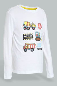 Redtag-White-Vehicle-Long-Sleeve-Print-T---Shirt-And-Long-Pant-Pyjamas-Pyjama-Sets-Boys-2 to 8 Years