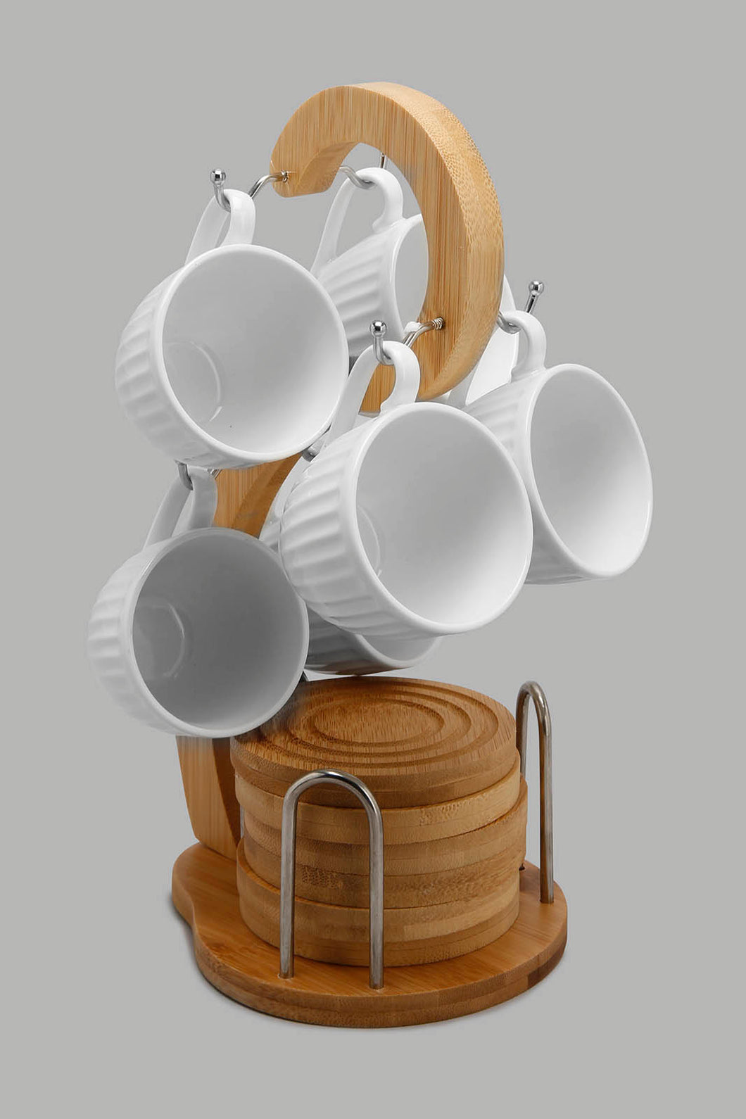 Redtag-White-Embossed-Espresso-Set-With-Bamboo-Coaster-And-Stand-(13-Piece)-Tea-Sets-Home-Dining-