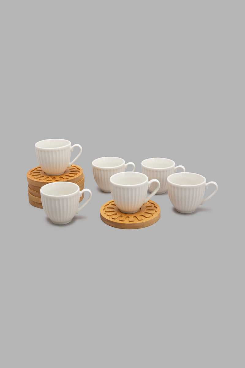 Redtag-White-Embossed-Espresso-Set-With-Bamboo-Coaster-(12-Piece)-Tea-Sets-Home-Dining-