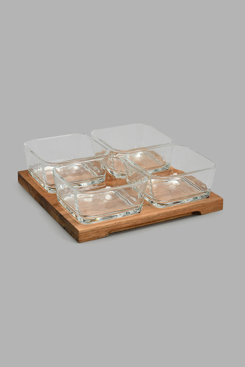 Redtag-Clear-Glass-Square-Bowl-With-Wooden-Tray-(4-Piece)-Serving-Bowls-Home-Dining-