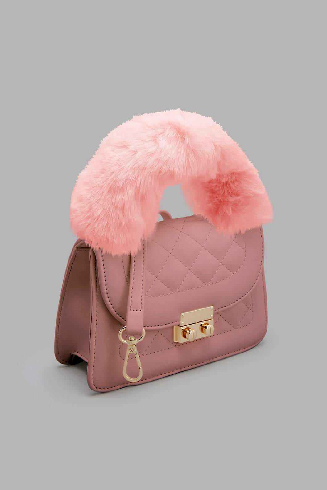 Redtag-Pink--Quilted--Fur-Embellished-Cross-Body-Bag-Colour:Pale-Pink,-Filter:Women's-Accessories,-New-In,-New-In-Women-ACC,-Non-Sale,-W21B,-Women-Handbags-Women-