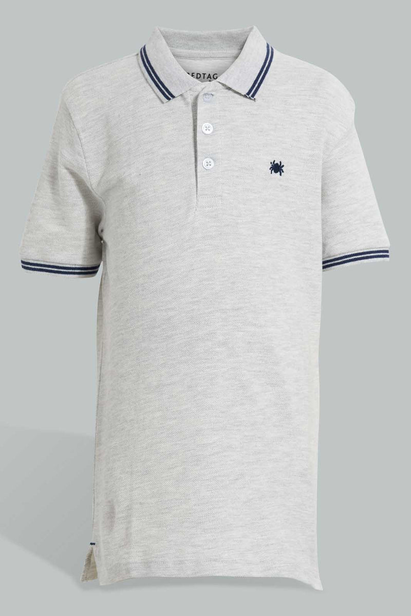 Redtag-Grey-Marl-With-Navy-Tipping-Collar--Polo-Plain-Boys-2 to 8 Years