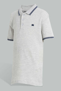 Redtag-Grey-Marl-With-Navy-Tipping-Collar--Polo-Plain-Boys-2 to 8 Years