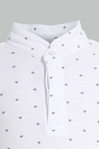 Redtag-White-Aop-Stand-Collar-Polo-All-Over-Prints-Boys-2 to 8 Years