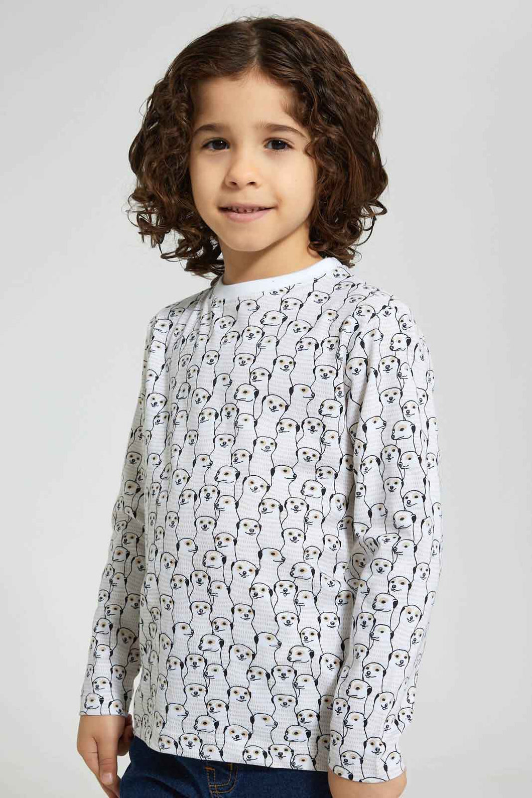 Redtag-White-Mongoose-Printed-T-Shirt-Long-Sleeves-Boys-2 to 8 Years