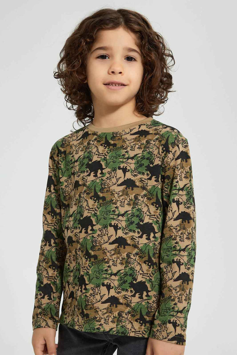 Redtag-Green-Camo-Dino-Printed-T-Shirt-Long-Sleeves-Boys-2 to 8 Years