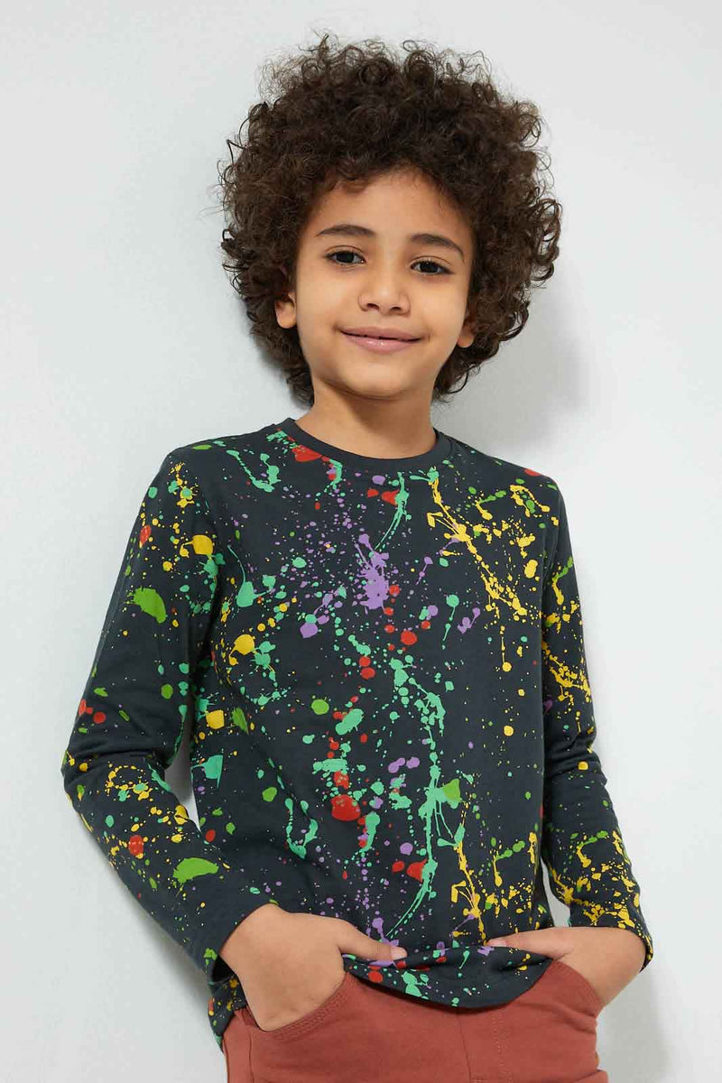 Redtag-Navy-Splat-Printed-T-Shirt-Long-Sleeves-Boys-2 to 8 Years