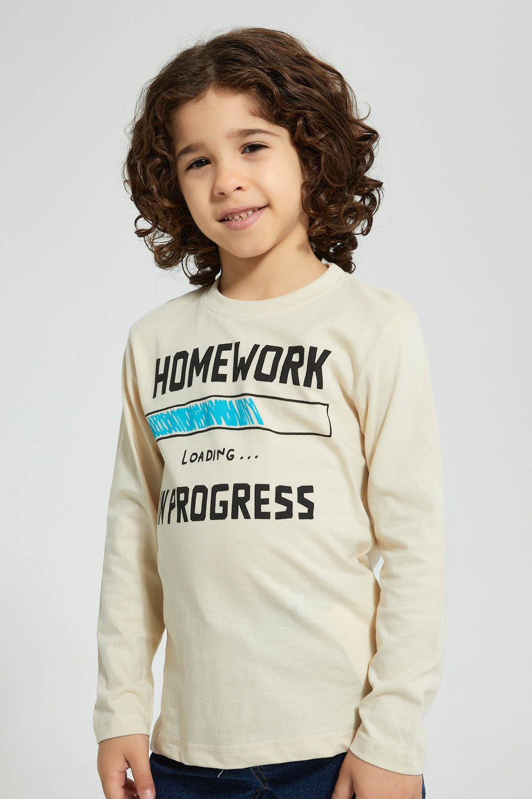 Redtag-Beige-Home-Work-Print-Longsleeve-Tshirt-Long-Sleeves-Boys-2 to 8 Years