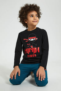 Redtag-Black-Ninja-Vibes-Print-Long-Sleeve-Tshirt-Long-Sleeves-Boys-2 to 8 Years