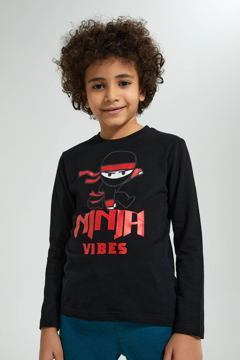 Redtag-Black-Ninja-Vibes-Print-Long-Sleeve-Tshirt-Long-Sleeves-Boys-2 to 8 Years