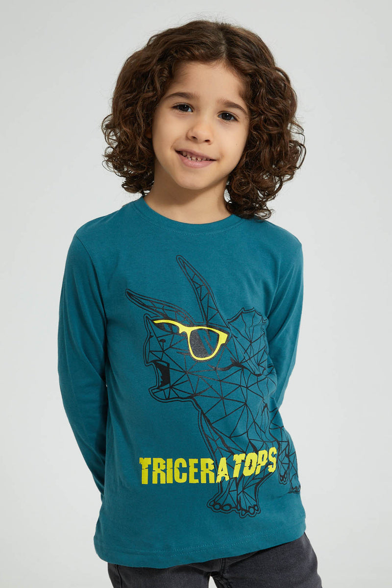 Redtag-Blue-Triceratops-Print-Long-Sleeve-Tshirt-Long-Sleeves-Boys-2 to 8 Years