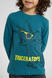 Redtag-Blue-Triceratops-Print-Long-Sleeve-Tshirt-Long-Sleeves-Boys-2 to 8 Years